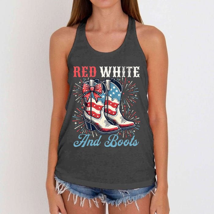 Red White And Boots Cute Coquette Cowgirl Independence Day Women's Knotted Racerback Tank