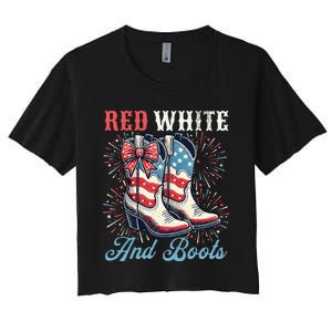 Red White And Boots Cute Coquette Cowgirl Independence Day Women's Crop Top Tee