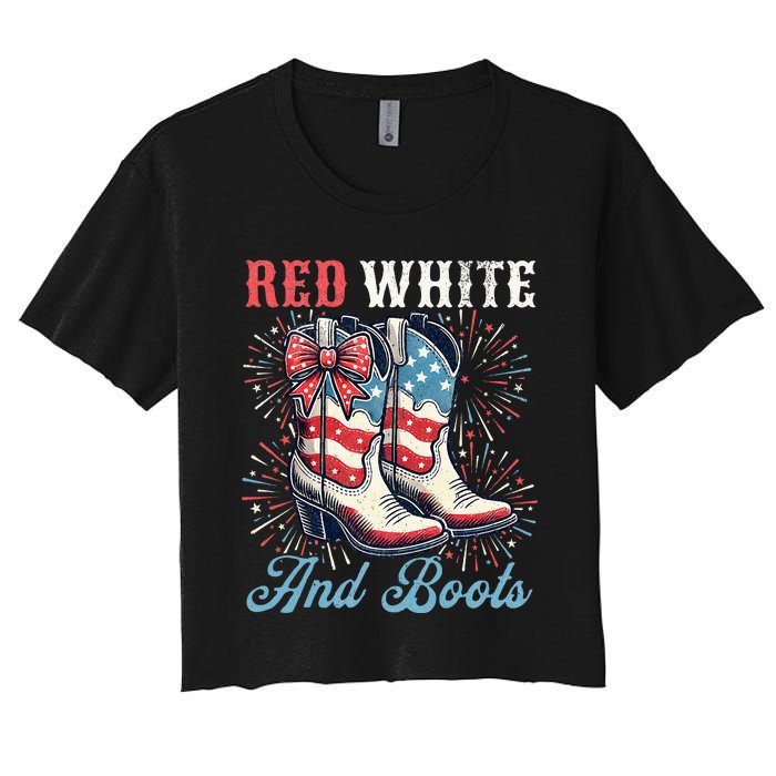 Red White And Boots Cute Coquette Cowgirl Independence Day Women's Crop Top Tee