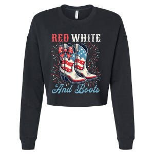 Red White And Boots Cute Coquette Cowgirl Independence Day Cropped Pullover Crew