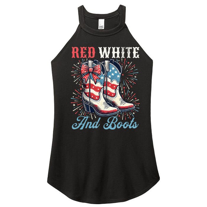 Red White And Boots Cute Coquette Cowgirl Independence Day Women's Perfect Tri Rocker Tank