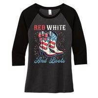 Red White And Boots Cute Coquette Cowgirl Independence Day Women's Tri-Blend 3/4-Sleeve Raglan Shirt