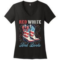 Red White And Boots Cute Coquette Cowgirl Independence Day Women's V-Neck T-Shirt