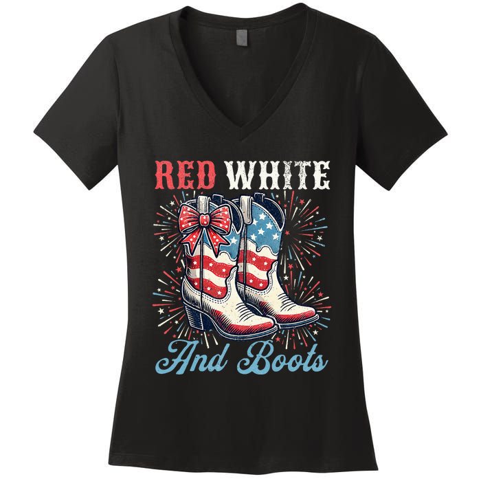 Red White And Boots Cute Coquette Cowgirl Independence Day Women's V-Neck T-Shirt