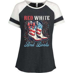 Red White And Boots Cute Coquette Cowgirl Independence Day Enza Ladies Jersey Colorblock Tee