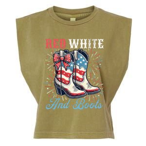 Red White And Boots Cute Coquette Cowgirl Independence Day Garment-Dyed Women's Muscle Tee