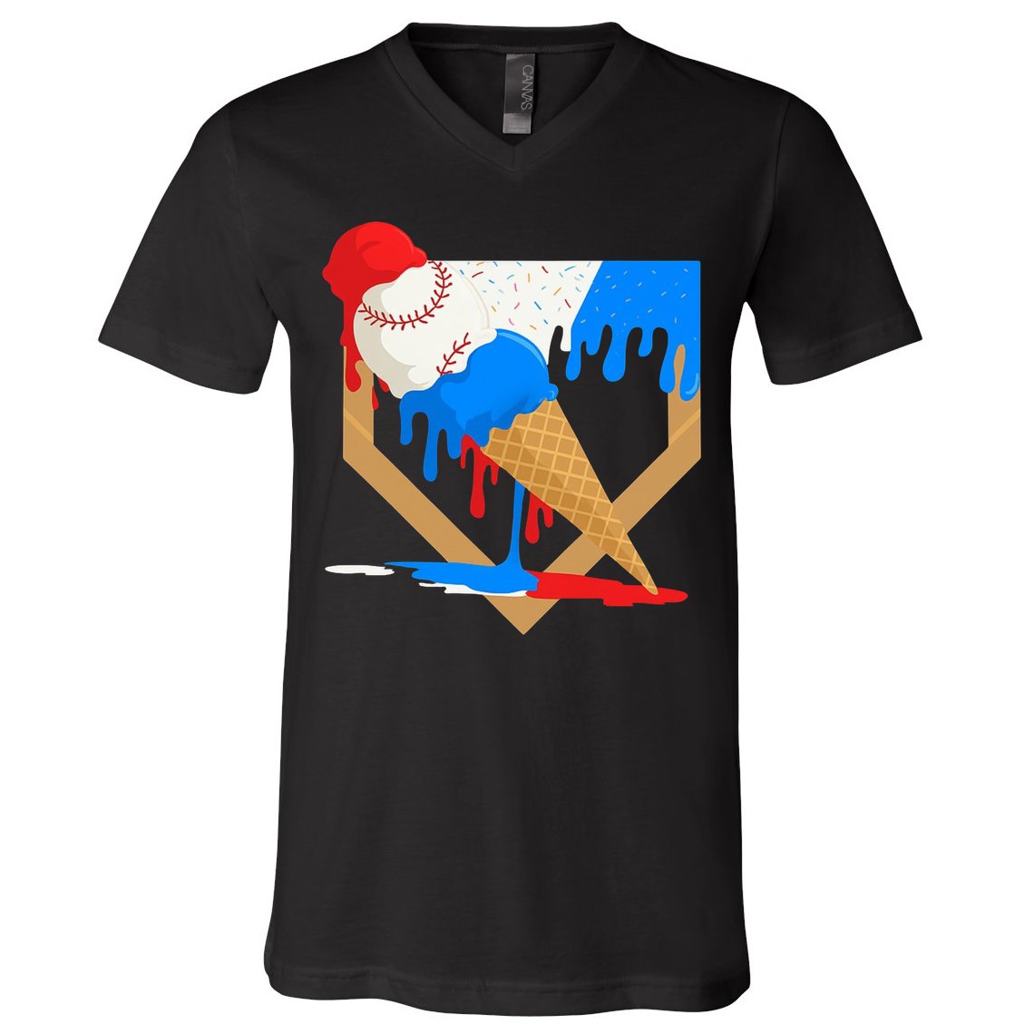Red White And Blue Baseball Ice Cream Drip V-Neck T-Shirt