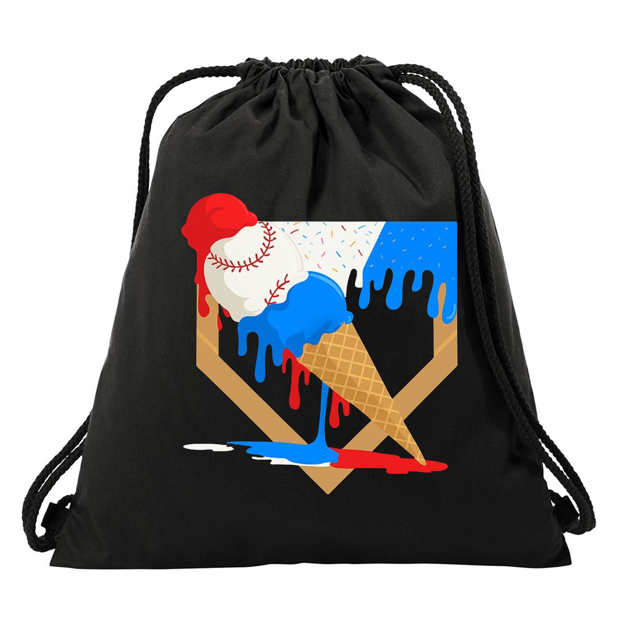 Red White And Blue Baseball Ice Cream Drip Drawstring Bag