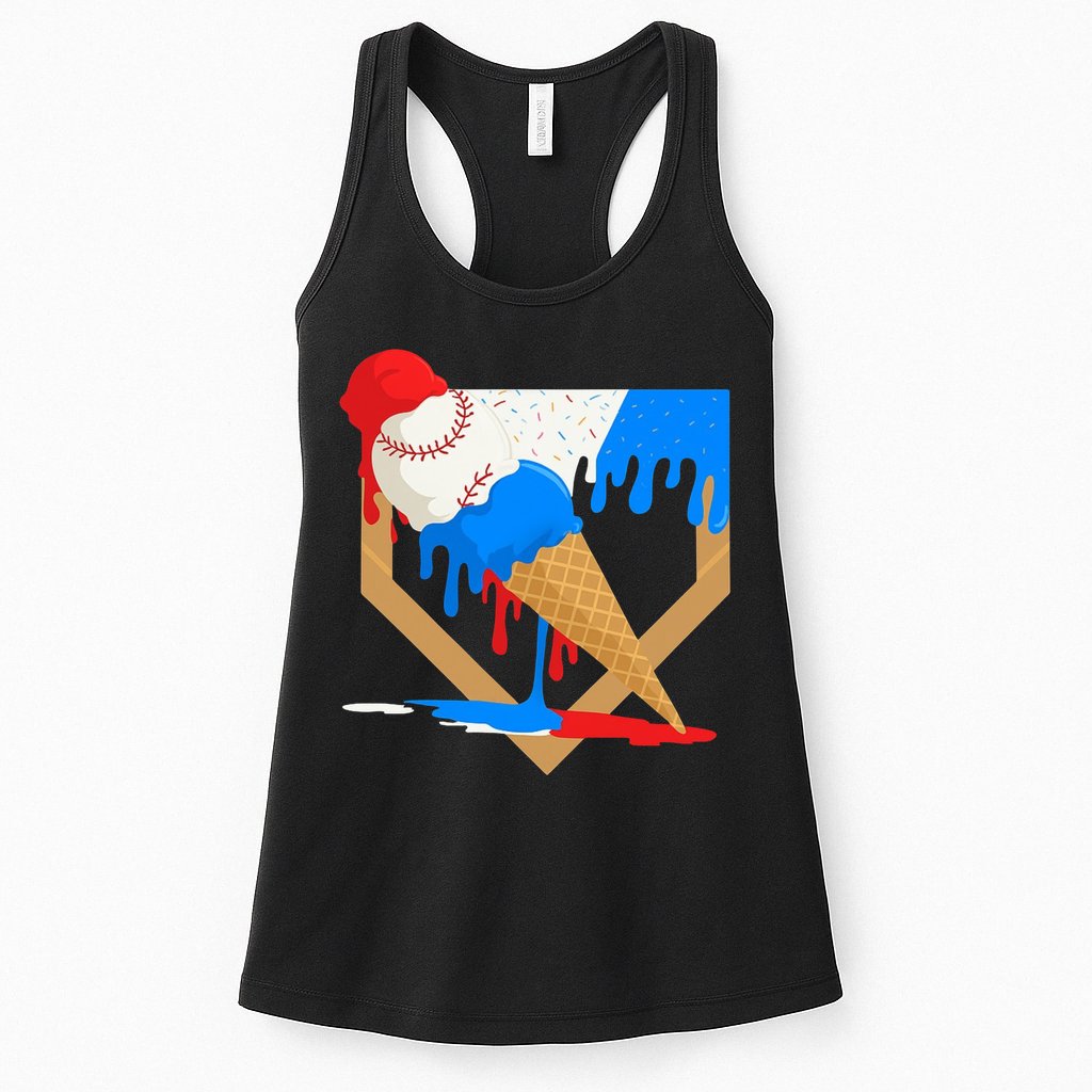 Red White And Blue Baseball Ice Cream Drip Womens Tank Top