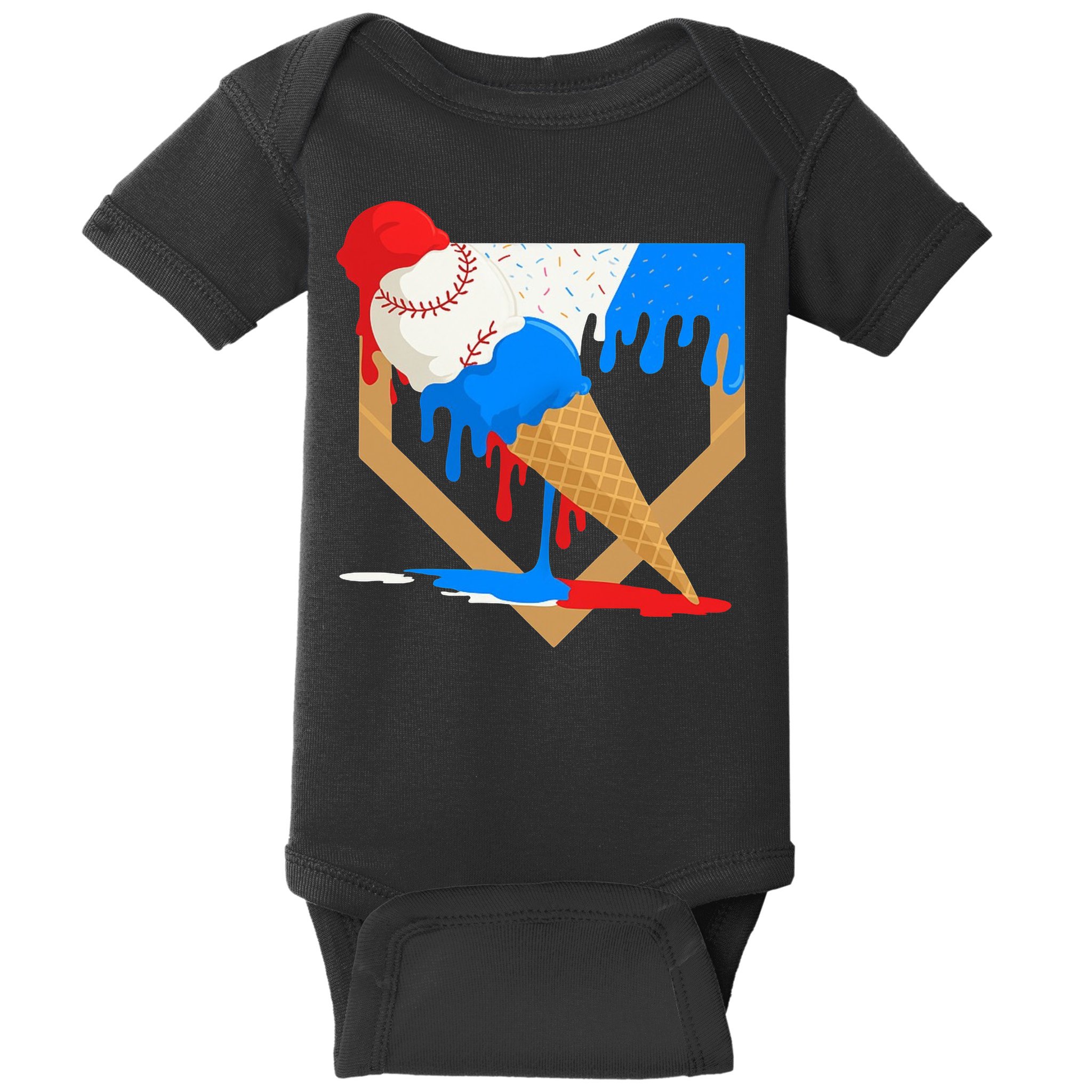 Red White And Blue Baseball Ice Cream Drip Baby Bodysuit
