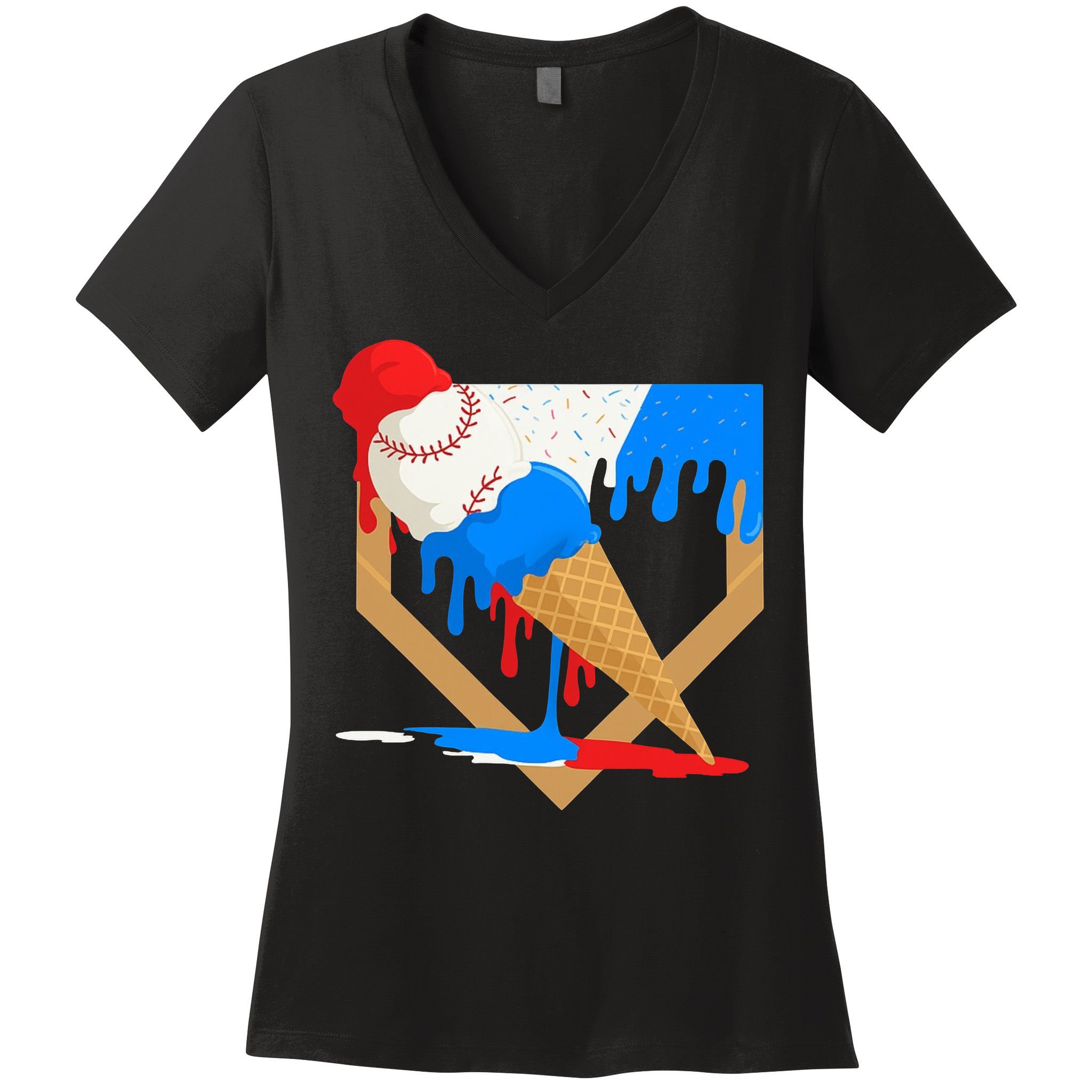 Red White And Blue Baseball Ice Cream Drip Women's V-Neck T-Shirt