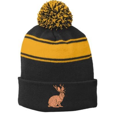 Retro Wild Animal Jackrabbit With Antelope Horns Jackalope Stripe Pom Pom Beanie