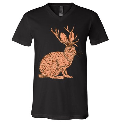 Retro Wild Animal Jackrabbit With Antelope Horns Jackalope V-Neck T-Shirt