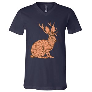 Retro Wild Animal Jackrabbit With Antelope Horns Jackalope V-Neck T-Shirt