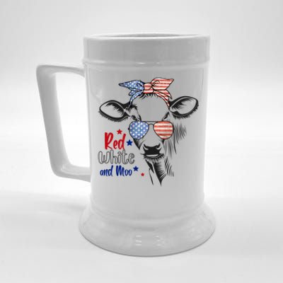 Red White And Moo Patriotic Cow Bandana 4th Of July Usa Flag Gift Beer Stein