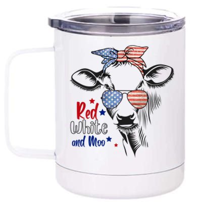 Red White And Moo Patriotic Cow Bandana 4th Of July Usa Flag Gift 12 oz Stainless Steel Tumbler Cup