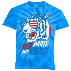 Red White And Roar Tiger 4th Of July Predator Kids Tie-Dye T-Shirt