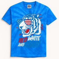 Red White And Roar Tiger 4th Of July Predator Kids Tie-Dye T-Shirt