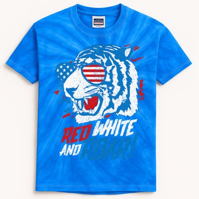 Red White And Roar Tiger 4th Of July Predator Kids Tie-Dye T-Shirt