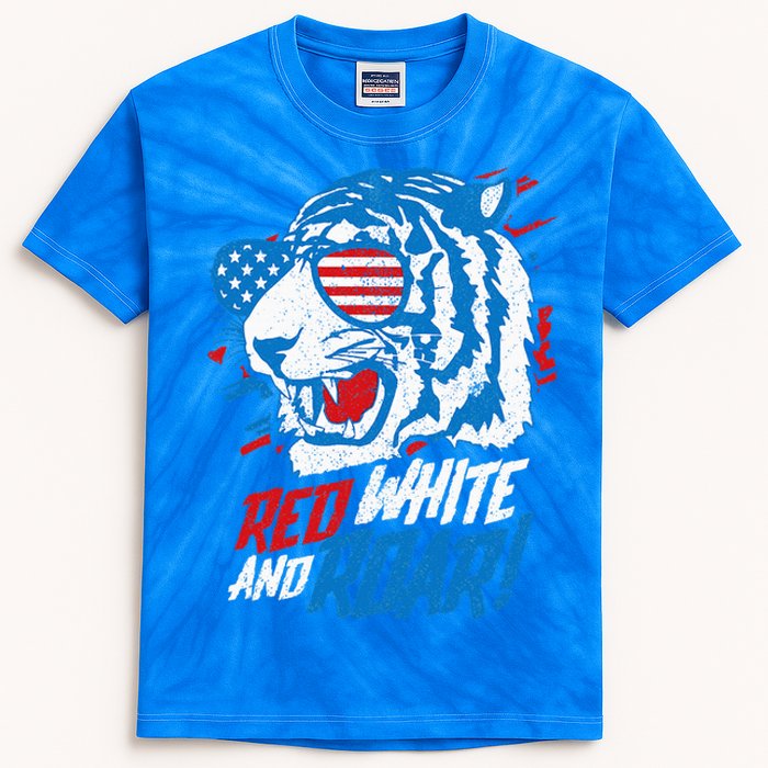 Red White And Roar Tiger 4th Of July Predator Kids Tie-Dye T-Shirt