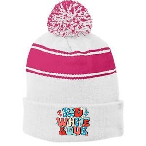 Red White And Due Pregnancy Announcement 4th Of July Groovy Stripe Pom Pom Beanie