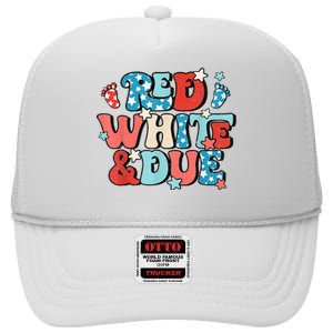 Red White And Due Pregnancy Announcement 4th Of July Groovy High Crown Mesh Back Trucker Hat