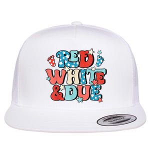 Red White And Due Pregnancy Announcement 4th Of July Groovy Flat Bill Trucker Hat