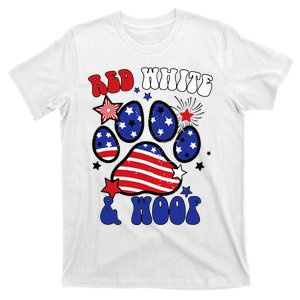 Red White And Woof US Flag Dog Cat Mom Paw Groovy T-Shirt