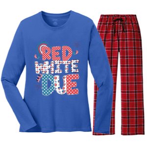 Red White And Due Pregnancy Announcement 4th Of July Groovy Women's Long Sleeve Flannel Pajama Set 