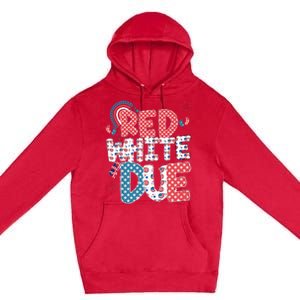 Red White And Due Pregnancy Announcement 4th Of July Groovy Premium Pullover Hoodie