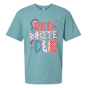 Red White And Due Pregnancy Announcement 4th Of July Groovy Sueded Cloud Jersey T-Shirt