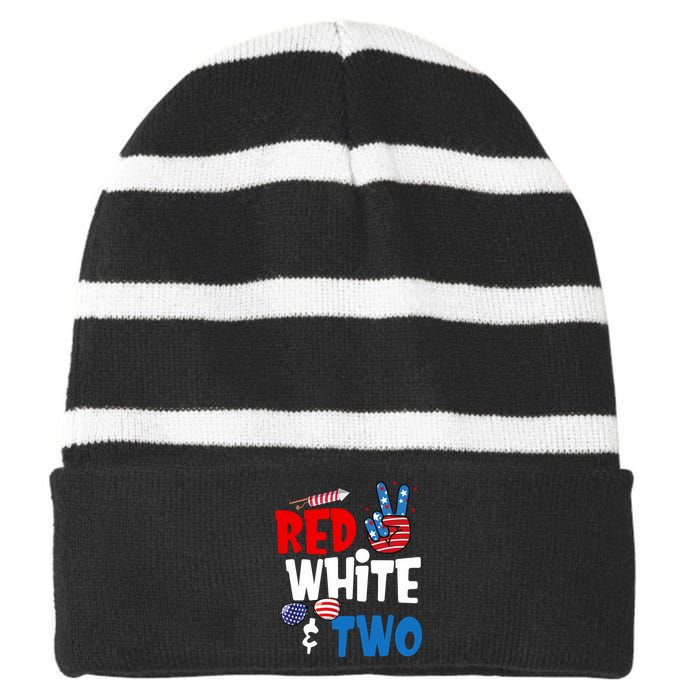 Red White And Two Birthday 4th Of July American 2nd Birthday Striped Beanie with Solid Band