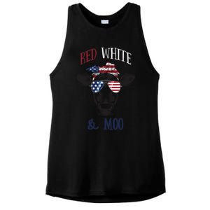 Red White And Blue Cow American Flag Heifer Gift Ladies PosiCharge Tri-Blend Wicking Tank