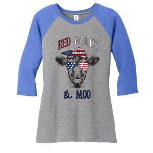 Red White And Blue Cow American Flag Heifer Gift Women's Tri-Blend 3/4-Sleeve Raglan Shirt