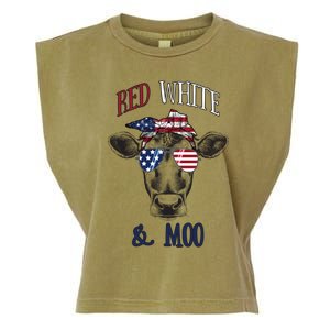 Red White And Blue Cow American Flag Heifer Gift Garment-Dyed Women's Muscle Tee