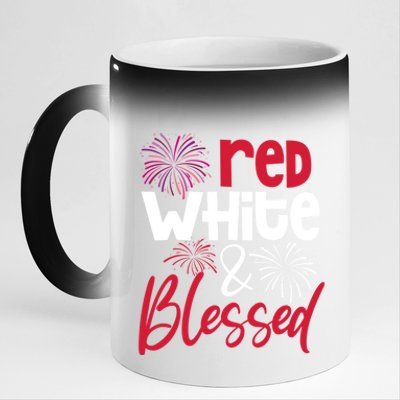 Red White And Blessed 4th Of July American Patriotic Fireworks Cute Gift 11oz Black Color Changing Mug