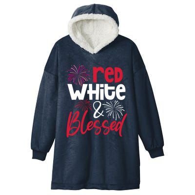 Red White And Blessed 4th Of July American Patriotic Fireworks Cute Gift Hooded Wearable Blanket