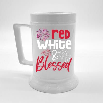 Red White And Blessed 4th Of July American Patriotic Fireworks Cute Gift Beer Stein