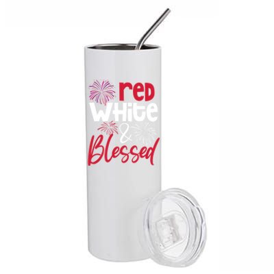 Red White And Blessed 4th Of July American Patriotic Fireworks Cute Gift Stainless Steel Tumbler