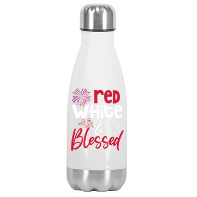 Red White And Blessed 4th Of July American Patriotic Fireworks Cute Gift Stainless Steel Insulated Water Bottle