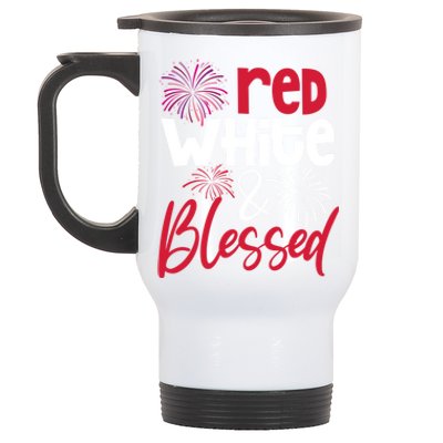 Red White And Blessed 4th Of July American Patriotic Fireworks Cute Gift Stainless Steel Travel Mug