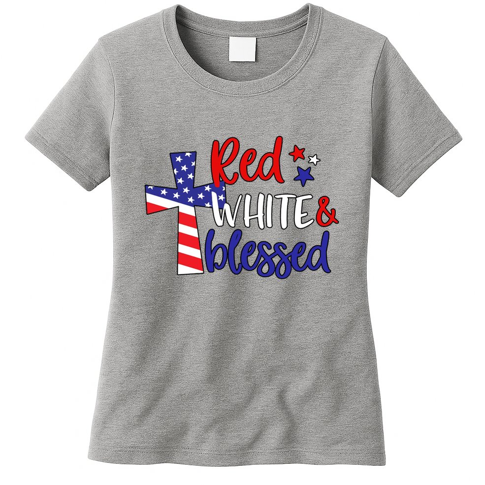Red White And Blessed Usa Cross Celebration Womens T-Shirt
