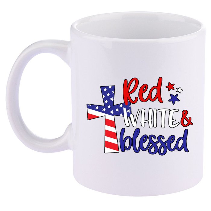 Red White And Blessed Usa Cross Celebration 11oz C Handle Ceramic Mug