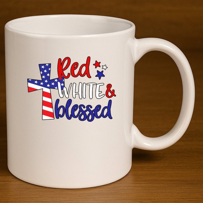 Red White And Blessed Usa Cross Celebration 11oz C Handle Ceramic Mug