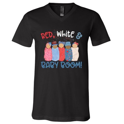 Red White And Baby Boom Happy 4th Of July Nicu Nurse Lover V-Neck T-Shirt