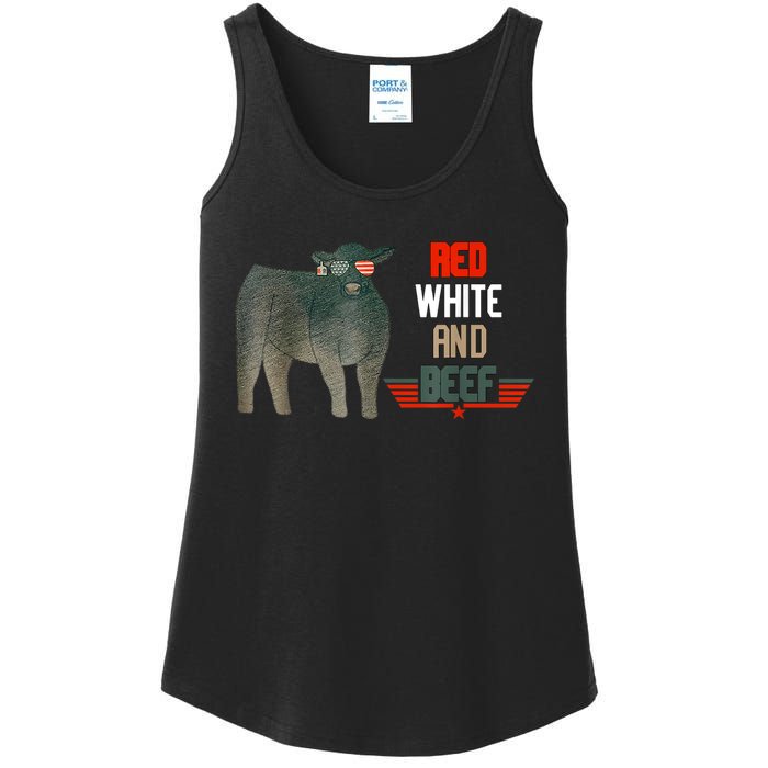 Red White And Beef Vintage Usa Flag 4th Of July Funny Cow Ladies Essential Tank