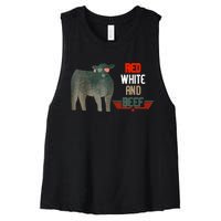 Red White And Beef Vintage Usa Flag 4th Of July Funny Cow Women's Racerback Cropped Tank