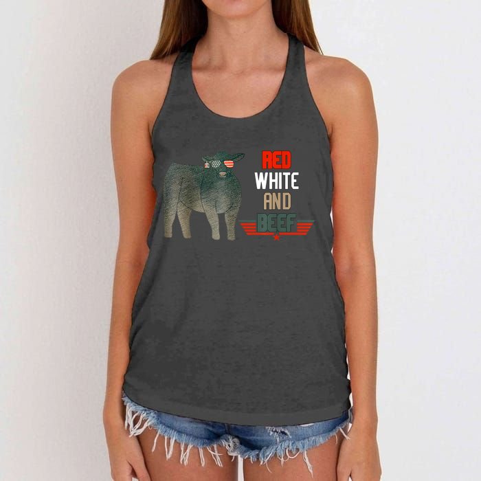 Red White And Beef Vintage Usa Flag 4th Of July Funny Cow Women's Knotted Racerback Tank