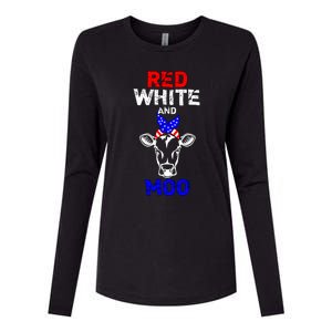 Red White And Moo Usa American Flag Bandana Cow Funny Pun Cute Gift Womens Cotton Relaxed Long Sleeve T-Shirt