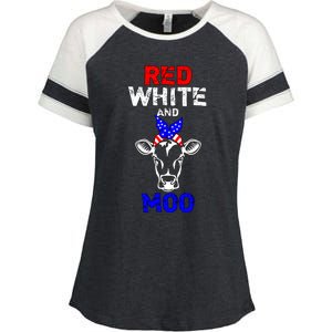 Red White And Moo Usa American Flag Bandana Cow Funny Pun Cute Gift Enza Ladies Jersey Colorblock Tee